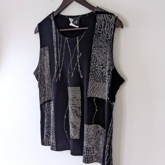 VINTAGE 90s Abstract Print Tank Top Grunge Goth Retro Sleeveless Black & White - Picture 6 of 8